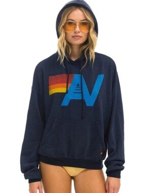 Aviator Nation Logo Relaxed  Unisex Hoodie in Navy Size L